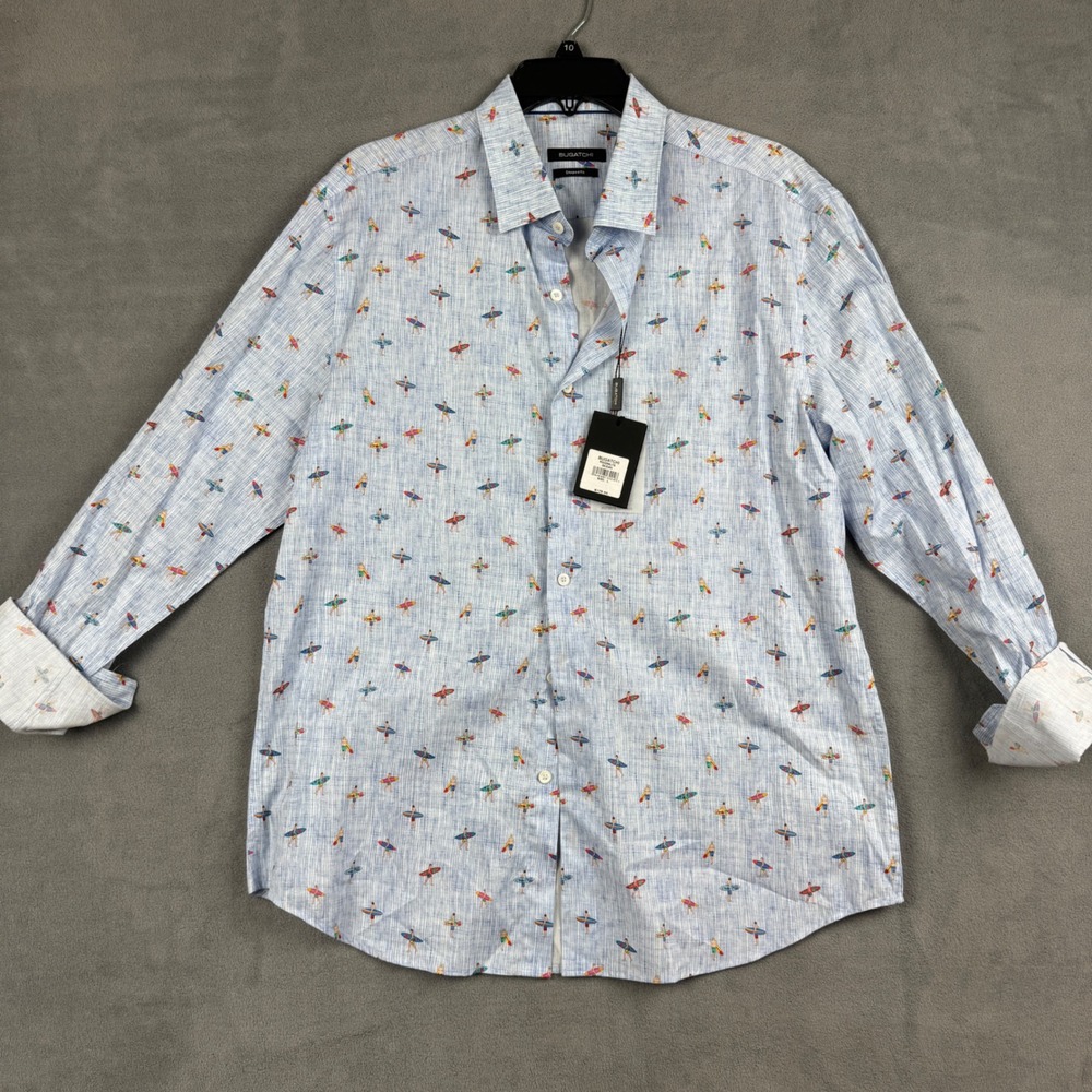 Bugatchi Mens L Ocean Blue Surfer Print Long Sleeve Button Down Shirt RS3294L7S